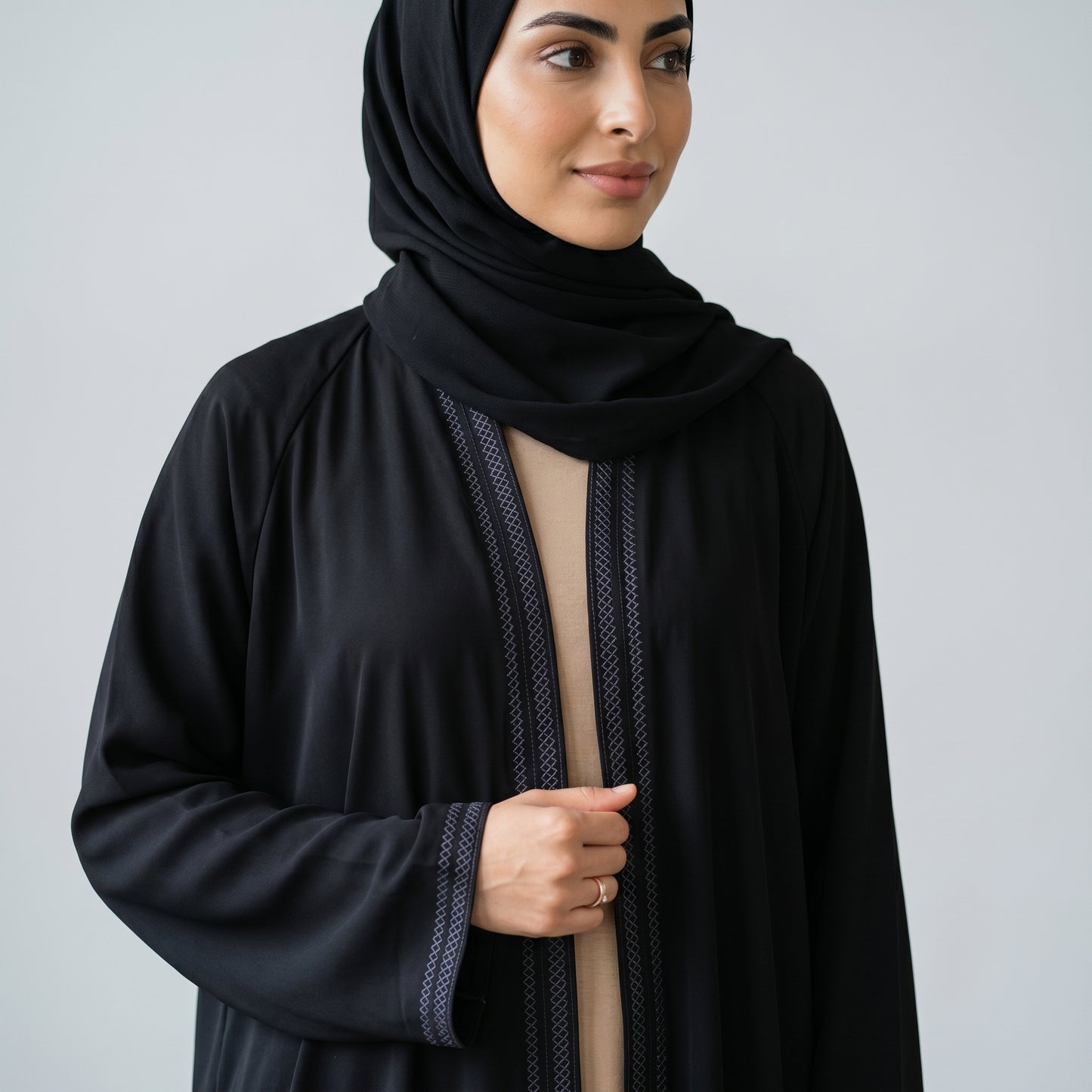 SITR Black Stitched Trim Khaleeji Abaya with Matching Hijab