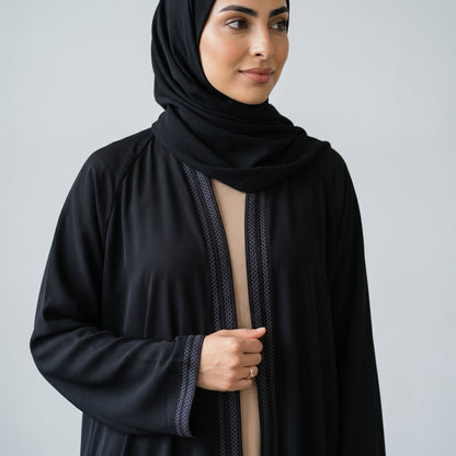SITR Black Stitched Trim Khaleeji Abaya with Matching Hijab