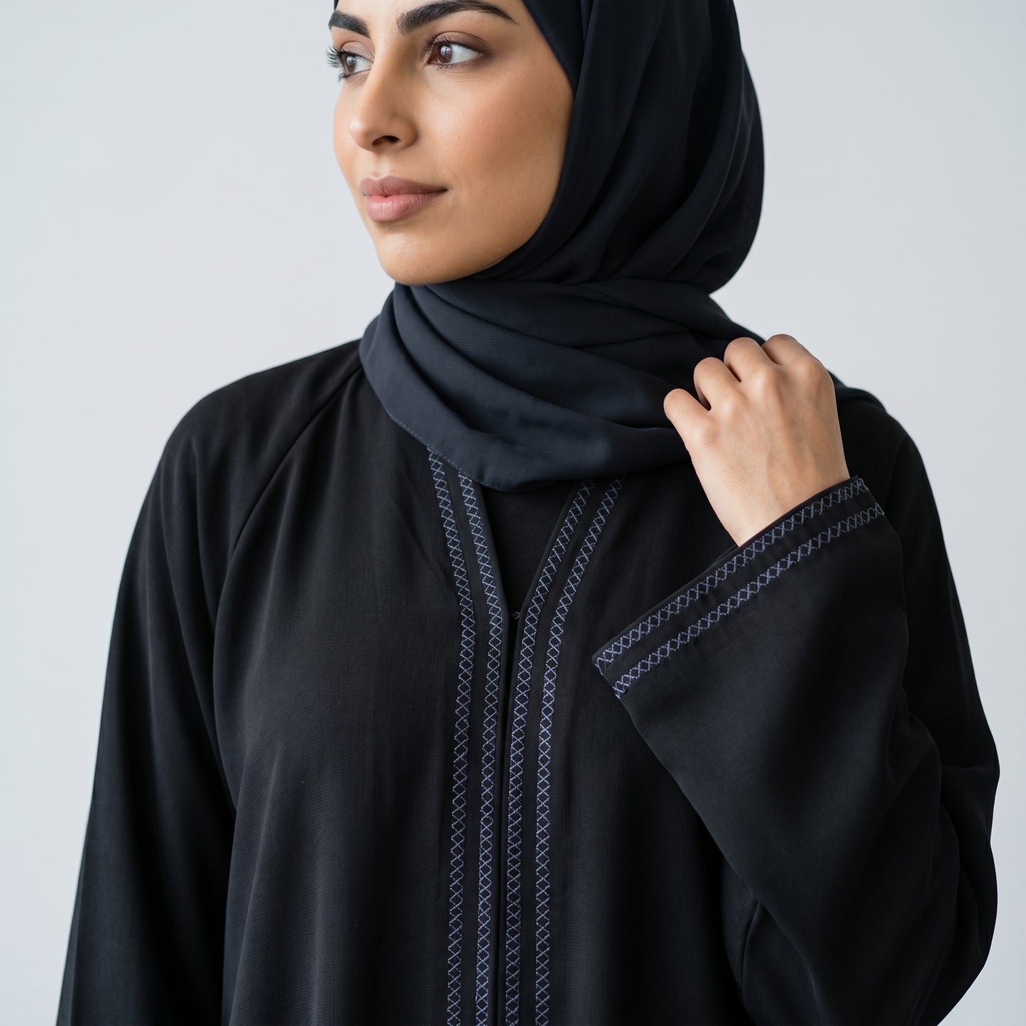 SITR Black Stitched Trim Khaleeji Abaya with Matching Hijab