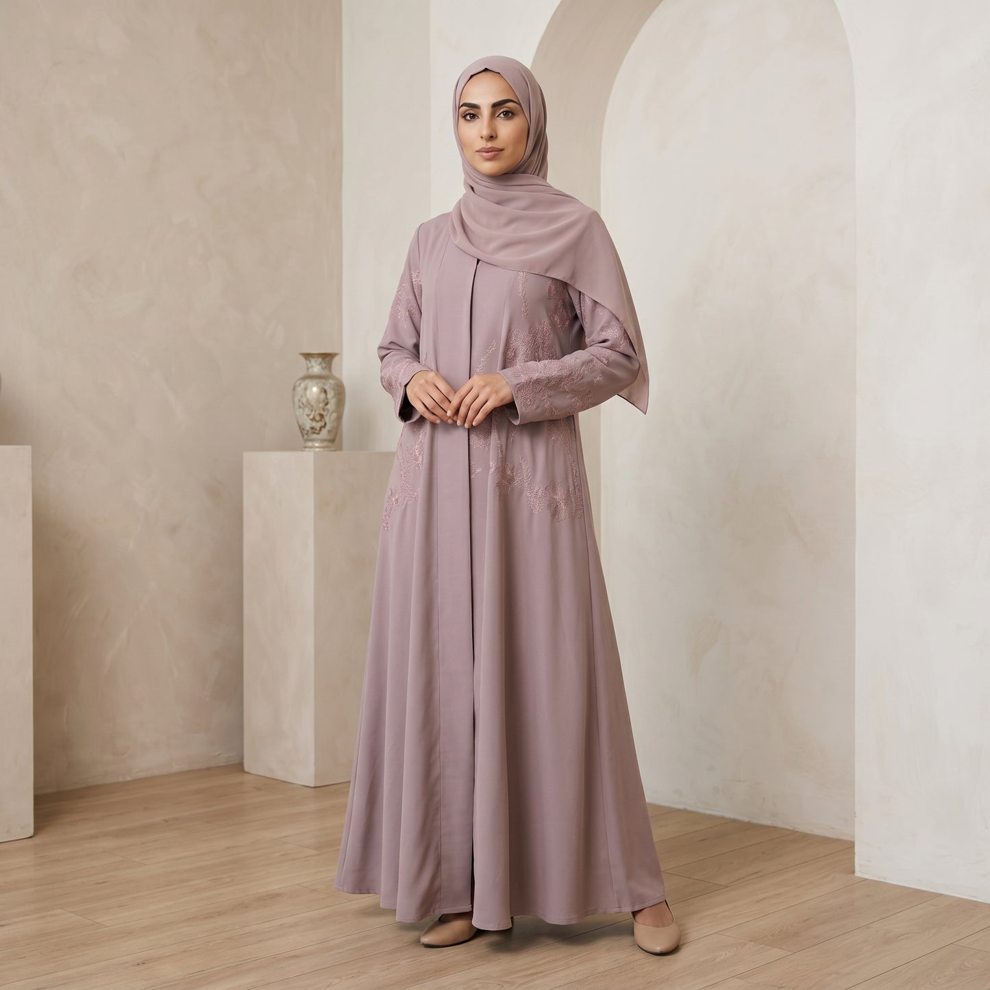 SITR Floral Embroidered Khaleeji Abaya with Matching Hijab